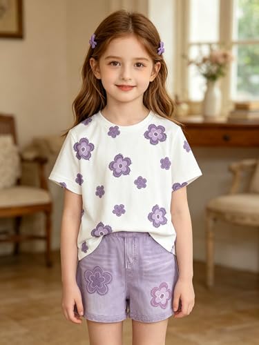 Image of Ayzozuy Kid Girl Clothes Shorts Set 2 Piece Outfits Summer Casual Short Sleeve Top and Shorts Set for Girls 4-7