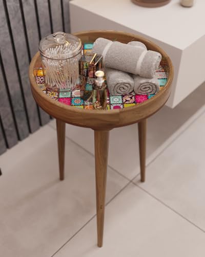 Image of Blink & Buy Handcrafted Epoxy Resin & Solid Mango Wood Bedside Table | Compact 21-Inch End Table Wooden Table with 3 Legs | Tray Stool | Sofa Side Table | Coffee Table (Multicolor, 14x21 Inches)