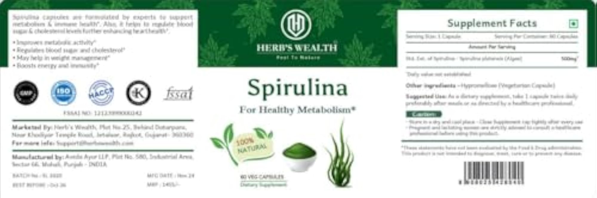 Herb's Wealth Spirulina Capsules - Natural Metabolism Booster