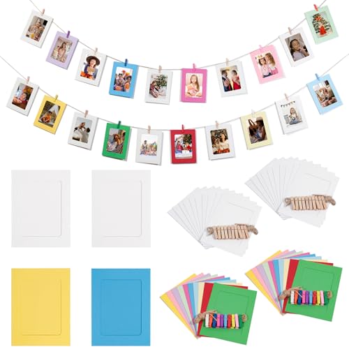 LUBOXIN 40 Stück Fotogirlande, Fotoleine mit Klammern, 15.3x11.3cm Papier Bilderrahmenmit 40 Holzklammern und 4 Rollen Hanfschnur für Hängende Wanddekoration Zimmer Deko（Farbe + Weiß）