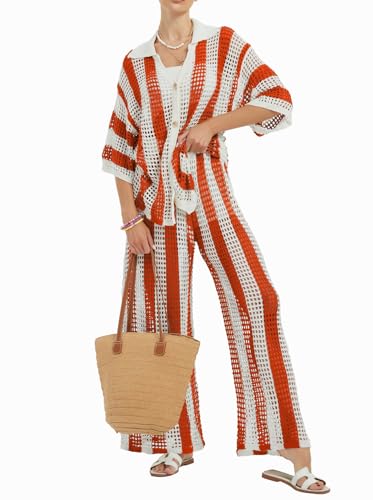 Image of Women Cover Up Sets Button Up Tops with Pants Crochet Set Outfit 2 Piece Outfits Vacation Outfits
