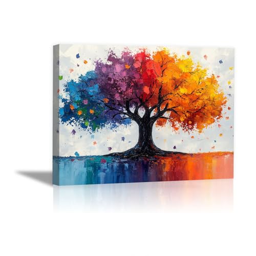 Image of QUSAAOU Pcslarge Canvas Prints Vibrant Multicolor Tree with Abstract Splash Style Retro Landscape Paintings Living Room And Bedroom Home Decorations Easy Hanging(Multicolor)-20x30cm1 Framed
