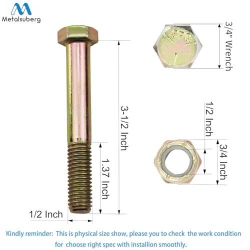 Image of Grade 5 Shear Bolts 1 /2 inch x 3-1 /2 inch for Rotary Cutter,Tractor Gearbox,by Color Galvanization with Nylon Lock Nut Kit,by Metalsuberg (12pcs Pack)