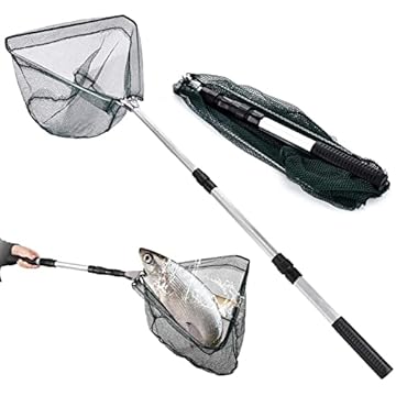 LEcylankEr Retino pieghevole da pesca, gommato con manico telescopico, 120 cm, retino da pesca