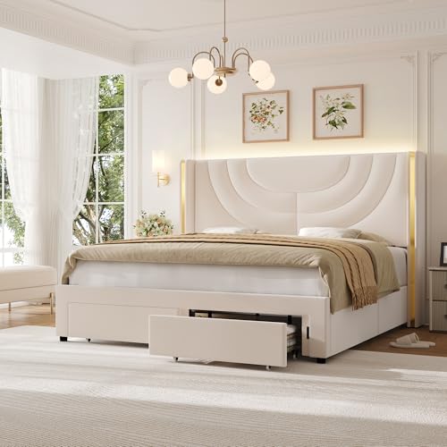 HITHOS King Upholstered LED Bed Frame with 2 Storage Drawers, Velvet Platform Bed with Wingback Headboard, Solid Wooden Slats Support, No Box Spring Needed, Headboard Splicing Design, Beige