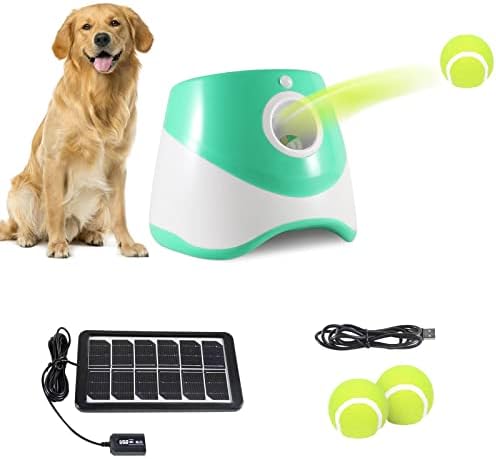 RERBIO Automatic Dog Ball Launcher, Solar Powered Dog Ball Launcher,Interactive Puppy Outdoor Thrower Machine for S/M Size Dogs，3 Balls Included (2inch)