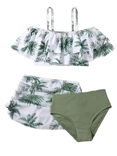 Image of Girl's 3 Piece Bikini Set Tropical Print Bathing Suit High Waist Swimwear with Skirts Cover Up Green 140