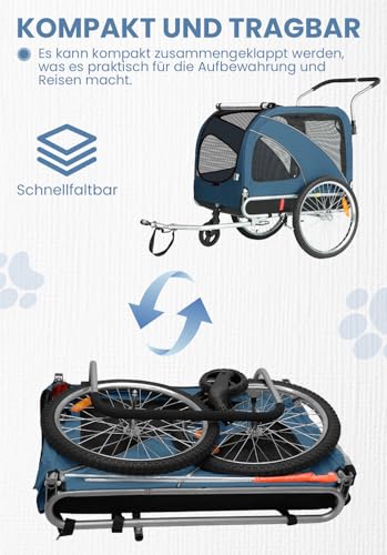 Hunde Fahrradanhänger XL, 2 in 1 Hundeanhänger & Jogger mit Reflektor und Bremse, 600D Oxford Canvas, maximale Belastung 40kg-Blau