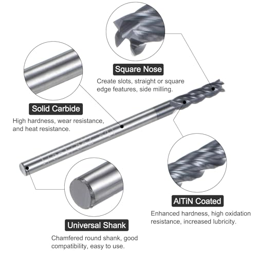 Image of uxcell Carbide Square End Mill, 1 /8 inch Diameter AlTiN Coated 4 Flutes Milling Bit Cutter, for Carbon Steel Alloy Steel Titanium Metal, 1 /8 inch Shank 9 /32 inch Cut Length 2 inch Long HRC45