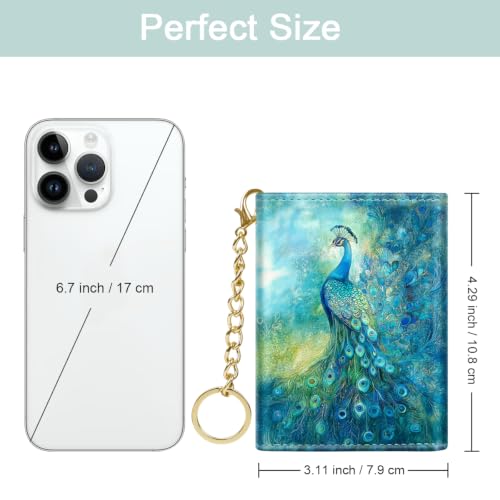 Image of Peacock Small Wallet Women, RFID Blocking Trifold Wallet, Cute Credit Card Holder with Kaychain, Credit Card Wallets, Vegan Leather, 7 Card Slots, ID Window, Wallets for Women Ladies Girls