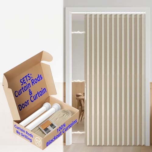 Image of AJAZZ Blackout Magnetic Door Curtain with Curtain Rods 39-52 in Length Accordion Door Closet Door Curtain Invisible Applicable Bedroom Room Living Room Doorway (1 Panel, 52 W x 78 L, Cream Yellow)