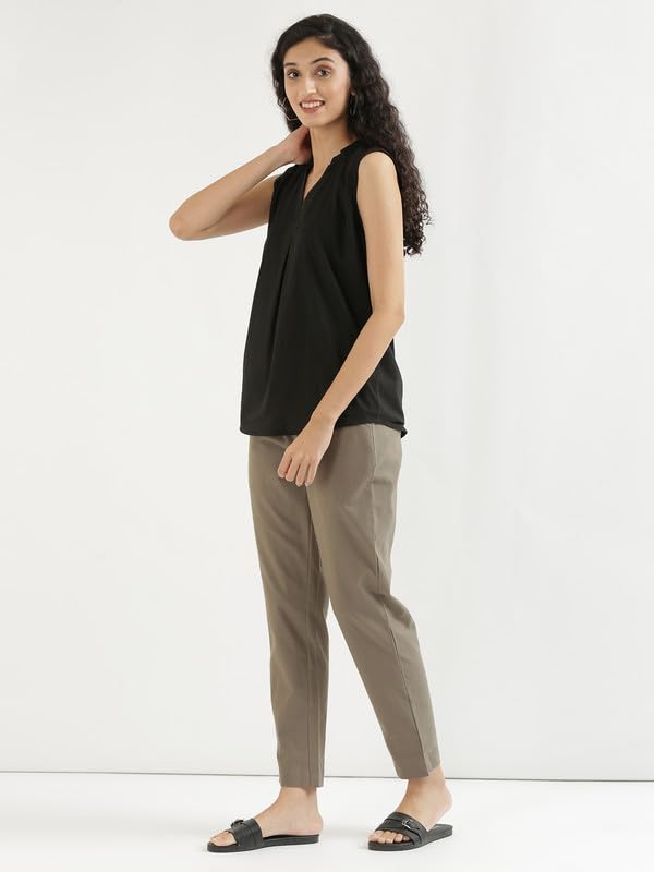 Image of SAADAA Women's Regular Fit Mid-Rise Cotton Pants | Half-Elasticated Waist | Comfortable Casual Trousers with 2 Pockets for Daily, Office & Travel Wear |