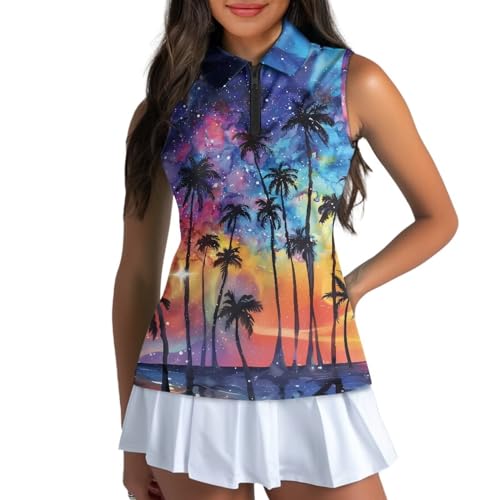 Spowatriy Women's Golf Shirts Sleeveless V Neck Tennis Tank Tops Racerback with Collar Quick Dry Athletic T Shirt XS-2XL, Starry Sky Palm Trees, XXL