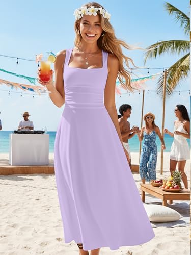 Image of Kaximil Women's Square Neck Corset A Line Maxi Dress Ruffle Ruched Waist Flowy Long Dresses