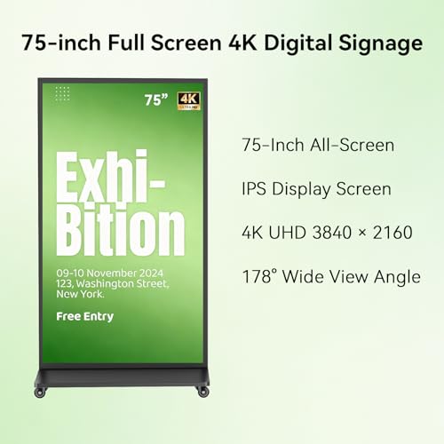 Image of 75-inch Full Screen Digital Signage Display, 4K UHD Floor Standing Kiosk with Heavy-Duty Wheels, Android 11 OS Smart Advertising Poster Media Player for Retail, Business, Restaurant, Hotel