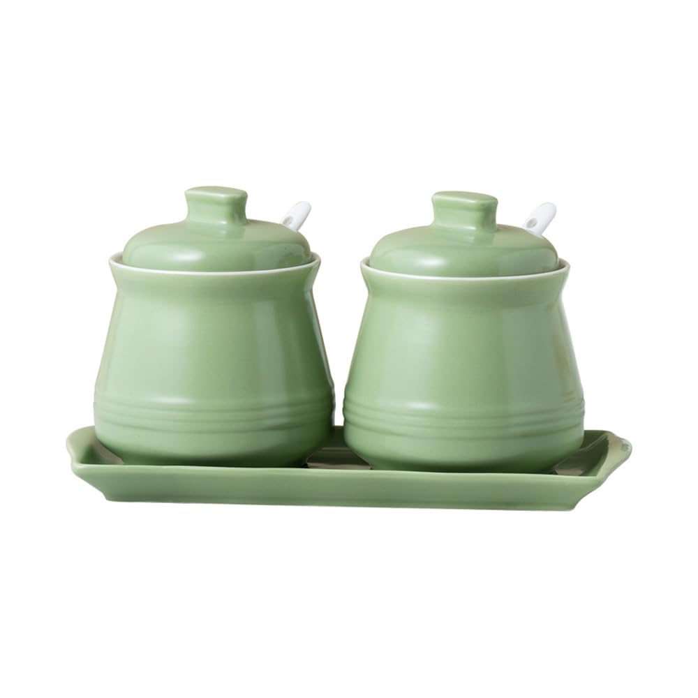 YMYL Ceramic Sugar Bowl with Tray, Lid and Spoon, 2 Pack Modern Farmhouse Sugar Jar Salt Container for Sugar, Pepper, Coffee, Spice, Salt, Dishwasher Safe (Apple Green)