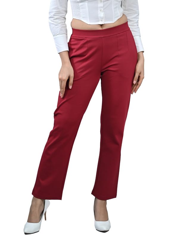 Image of Mlada Straight Fit Cigarette Pencil Pants Elastic Waist Band Mid High Waist Formal Office Trousers for Women, Pockets for Travel Stretch Cotton Knit Full Length Regular /Plus Size
