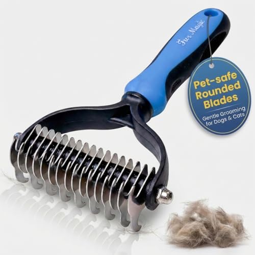 Fur Magic Dematting Comb for Dog & Cat – Pet Deshedding Tool for Removing Loose Undercoat, Knots, Mats – Dog Brush for Grooming – Dual Sided Undercoat Rake