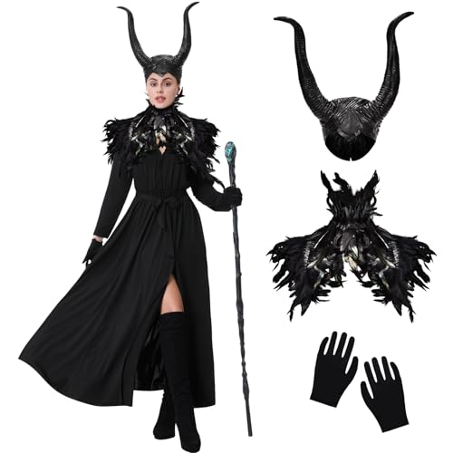 Herenear Disfraz Malefica Mujer, Vestido Maléfica Mujer con Cuernos, Halloween Disfraces, Capa de Plumas Negras, Vestido Gótico Medieval Vintage para Adulto Halloween Carnaval Cosplay Fiestas
