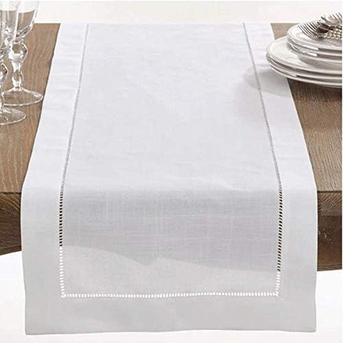 MingHing White Linen Hemstitch Table Runner, Machine Washable, Handcrafted Dresser Scarf with Mitered Corners - 40x228cm