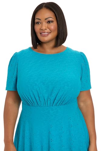 Image of London Times Women's Women's Eyelet Midi A-line Dress with Puff Sleeves - Gathered Waist Empire Cut - Wedding Guest Dress