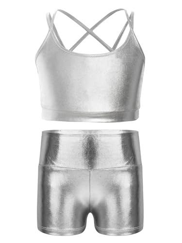 TTAO Kids Girls 2 Piece Gymnastics Dance Outfits Shiny Metallic Crop Tank Top with Shorts Set Training Wear