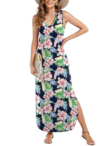 Image of Arolina Maxi Dress for Women Tropical Summer V Neck Sleeveless Split Long Beach Dresses Casual Loose Sundress with Pockets