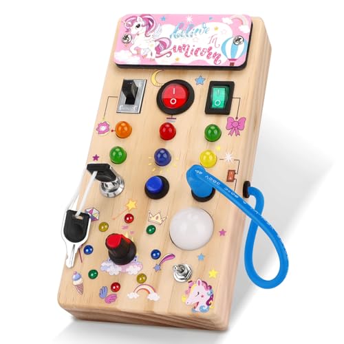 Image of Unicorn Wooden Busy Board Sensory Toys with 8 LED Light switches,Christmas Travel Toys Montessori Toys for 1 Year Old Babies Toodler