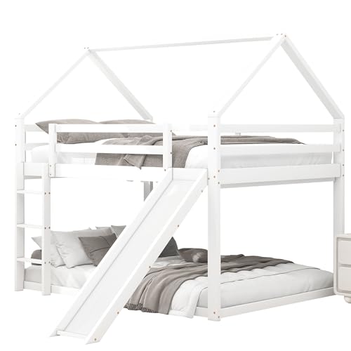 Cama Litera Infantil en Forma de casa - 140 x 200 cm - tobogán - Escalera para niño y Adolescente Madera de Pino Blanco