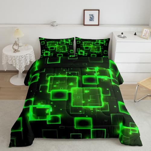 Image of Feelyou Geometric Green Black Comforter Set King Size, Kids Light Honeycomb Bedding Set Geometrics Comforter Abstract Duvet Insert Bed Set 3Pcs