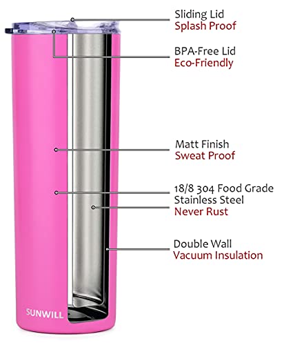 Sunwill Skinny Tumbler With Straw And Lid 20Oz Travel Mug, Vacuum Insulated Double Wall Stainless Steel, For Coffee, Tea, Beverages, Hot Pink #TOP1