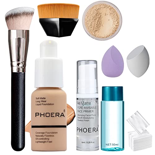 Foundation Liquid, Full Coverage Foundation Set with Makeup Face Primer, Loose Powder + Puff, Kabuki Makeup Brush Foundation Brush, 2 Makeup Sponge, Makeup Remover with 20 Cotton Pads (104# Buff Beige) Foundation Liquid, Full Coverage Foundation Set with Makeup Face Primer, Loose Powder + Puff, Kabuki Makeup Brush Foundation Brush, 2 Makeup Sponge, Makeup Remover with 20 Cotton Pads (104# Buff Beige)