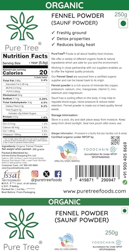 Image of Pure Tree Certified Organic Saunf Powder | 250 g | Fennel Seed Powder | Variyali, Sompu Powder | Gluten Free & Flavourful