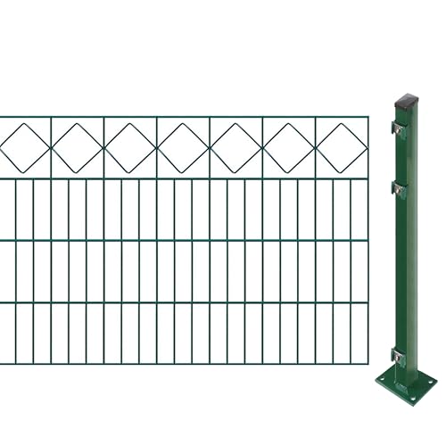 Schmuckzaunset inkl. Pfosten zum Aufschrauben (Höhe: 80 cm, Länge: 6,3 m) | Doppelstabmatten mit Zierleiste 'Karo', Grün | UV- und witterungsbeständig