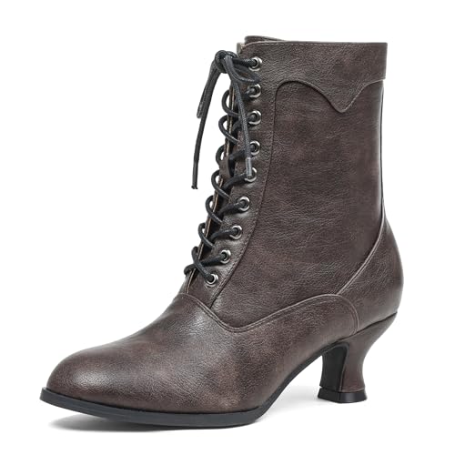 Image of Women's Victorian Ankle Boots - Mid Calf, Round Toe, Black Boots with Chunky Heel & Lace Up Detail