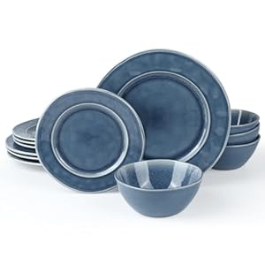 Famiware Aurora Plates and Bowls Sets, 12 Piece Dinnerware Sets, Dishes Set for 4, Irregular Stoneware Plate Set, Reactive Glaze, Microwave & Dishwasher Safe, Scractch-resistant, Lagoon Blue