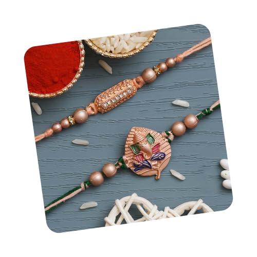 Image of eCraftIndia Multicolor Set of 2 Om Symbol and Peacock Designer Religious Rakhis with Roli Chawal Pack
