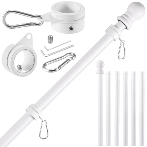 BONWIN White Flag Pole Kit for Outside House 7 FT Thickened Stainless Steel Wall Mount Flag Pole for 3x5/ 4x6 American Flag 1 Anti-Wrap Spinning Flagpole Rings Hardware Kits for Porch Yard