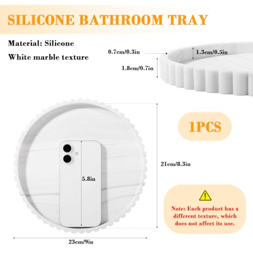 Image of HASTHIP Silicone Countertop Tray Toiletries Holder 23cm Dia Round Tray Desk Organizer Simulated White Marble Bathroom Countertop Organizer for Skincare, Cosmetics and Accessories