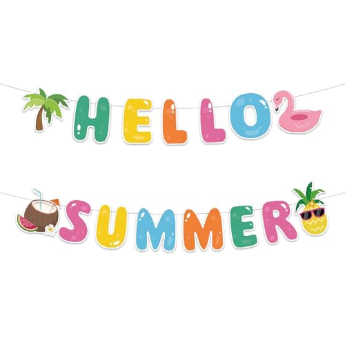 Neyeidru Hello Summer Banner Pre-Strung - Beach Party Decor for Home Office Classroom
