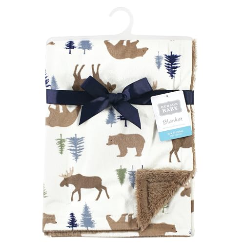Image of Hudson Baby Unisex Baby Plush Blanket with Furry Binding and Back, Moose Bear, One Size