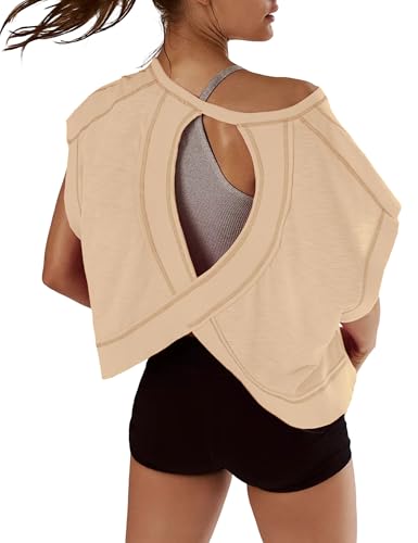 Kumufenc Womens Oversized Tshirts Open Back Batwing Sleeve Gym Shirts Boat Neck Slouchy Tees Workout Athletic Top(Apricot,S)