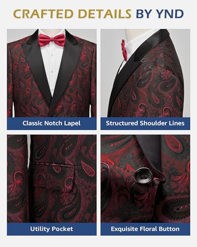 YND Mens Floral Suit Blazer, Slim Fit Paisley Tuxedo Jacket, Shawl Lapel with Bow Tie for Prom, Dinner, Wedding, Party4