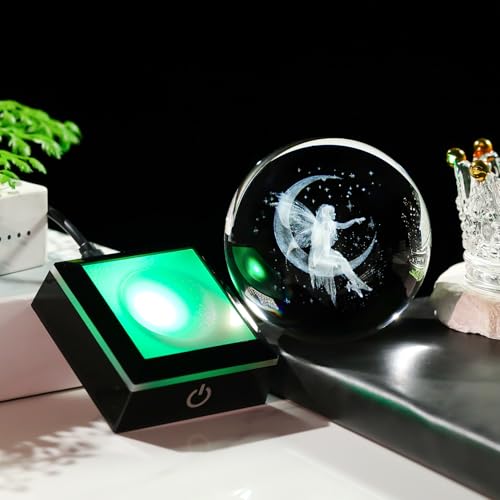 Image of Arikyrist 3D Crystal Ball Moon Fairy Figurine with Colorful LED Base, Fairy Gifts for Women Girls on Christmas Birthday, Fairy Statue Glass Globe Decorative Ball for Home Decor (80mm)