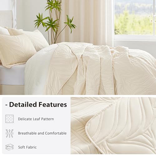 EXQ Home Quilt Set Twin Size Beige 2 Piece,Lightweight Soft Coverlet Modern Style Leaf Pattern Bedspread Set(1 Quilt,1 Pillow Sham)