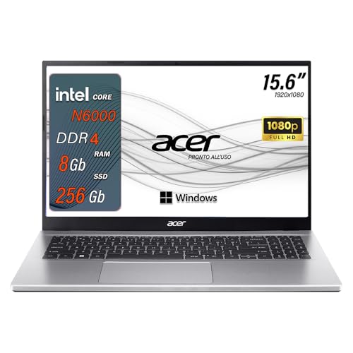 acer aspire 3, Pc portatile, intel N6000 4 core, Fino A 3.30GHz, Ram 8Gb Ddr4, SSD 256 Gb, Display 15.6” FHD, Windows 11 PRO, Hdmi, Wi fi, Bluetooth notebook