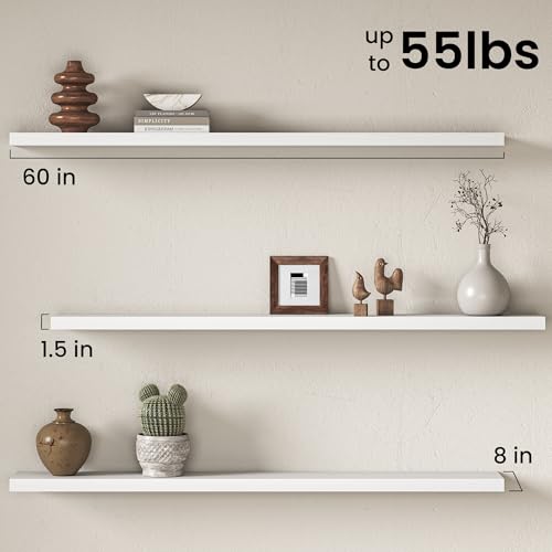 Image of Fun Memories 60Inch Long Floating Shelves, 8 Inch Deep Shelves for Bedroom|Living Room, Wall Mounted Wood Hanging Shelf with Invisible Brackets for Fireplace Mantel Home Storage Decor, White - 1 Pack