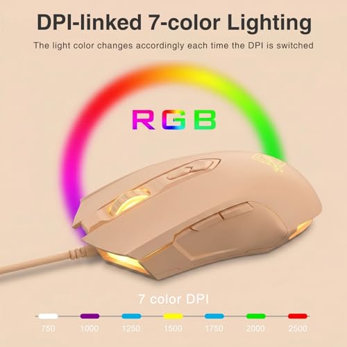 Image of Lomiluskr AJ52 RGB Wired Gaming Mouse, 7 Programmable Buttons, Computer Mice with RGB Lighting, 200-4800 DPI Adjustable, for PC /Laptop (Milk Tea)