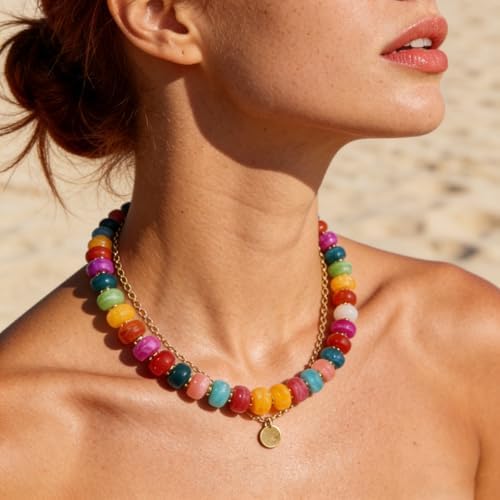 Bowdcvy Chunky Beaded Statement Necklace for Women Trendy Colorful Boho Resin Bead Choker Necklaces Summer Handmade Jewelry Gifts Accessories (Colorful - 1) - 2