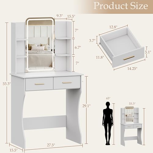 Image of BORNOON Vanity Desk with Mirror and Lights, Small Makeup Vanity Desk with Charging Station, Bedroom Vanity Table with Drawers, Storage Shelves, RGB Ambient Light and Hair Dryer Holder